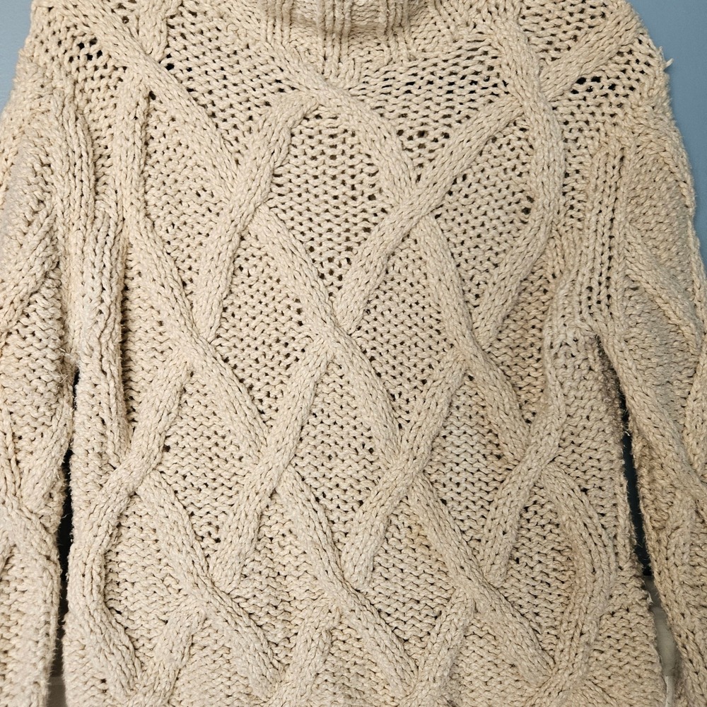 Sundance Beige Diamond Cable Knit Turtle Neck Sweater Silk Cotton Womens Large - Picture 2 of 5